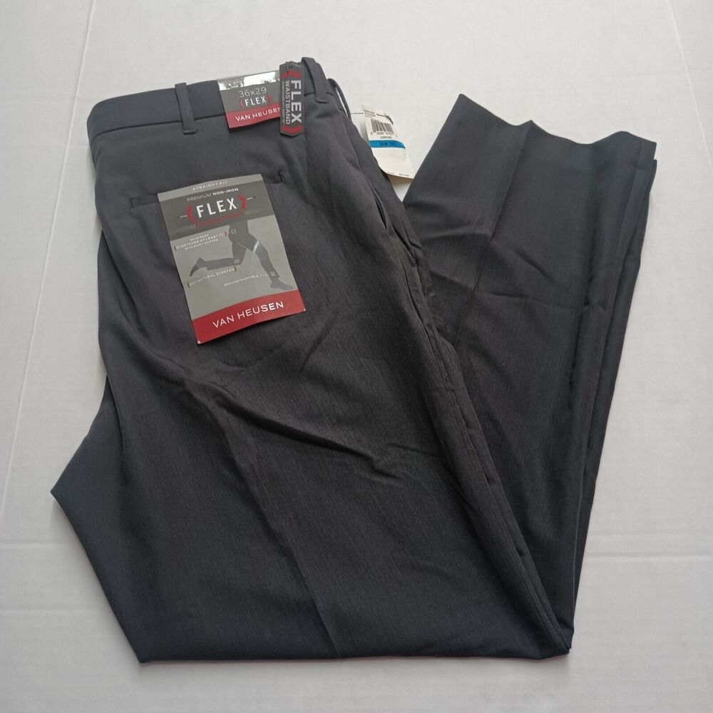 VAN HEUSEN Flex Pants Men's 36x29 Stretch Straight Fit Non Iron Flex Waist Black